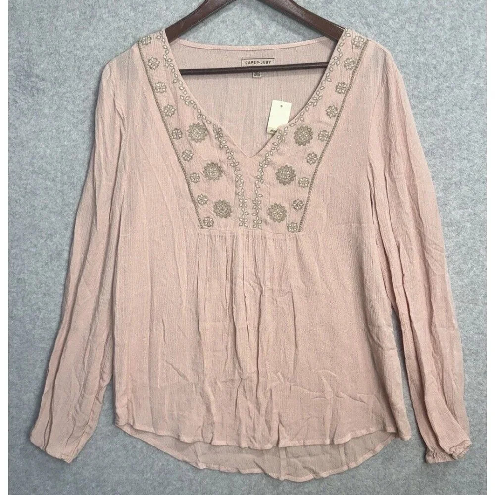 NWT‎ Cape Juby Pink Sz M Babydoll Long Sleeve Boho Blouse Peasant Floral Flowy